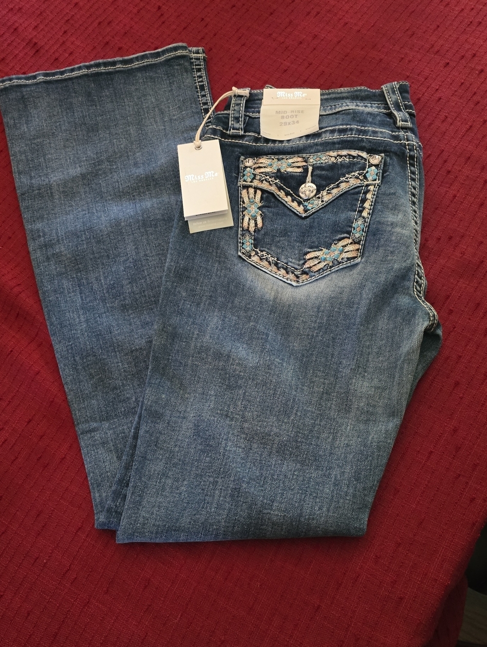 Miss Me Mid Rise Bootcut Jeans with Turquoise Embroidery. 29 Waist. NWT